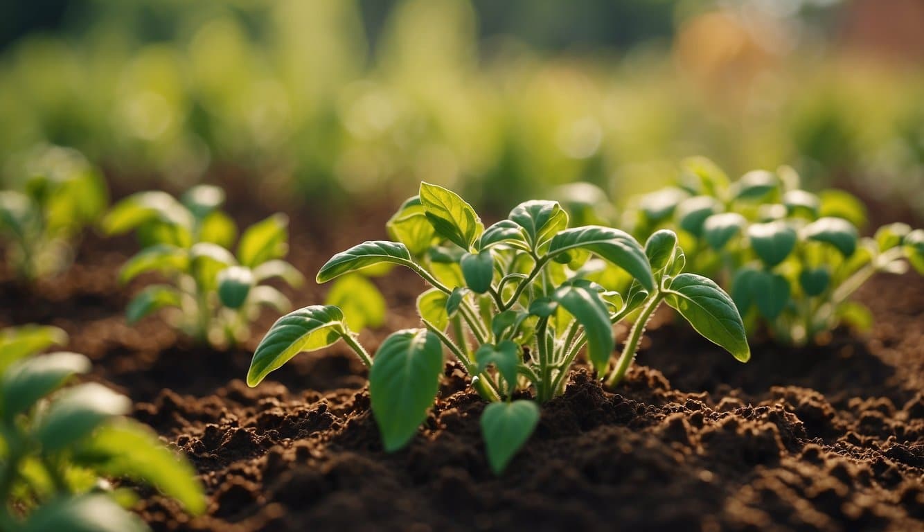 Lush green landscape with a warm, sunny sky. Tomato plants thriving in rich, fertile soil, surrounded by vibrant flowers and lush foliage