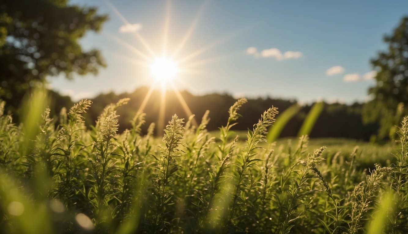 The sun shines brightly over lush, green fields as a gentle breeze blows through the air. The temperature is warm and pleasant, with clear skies overhead