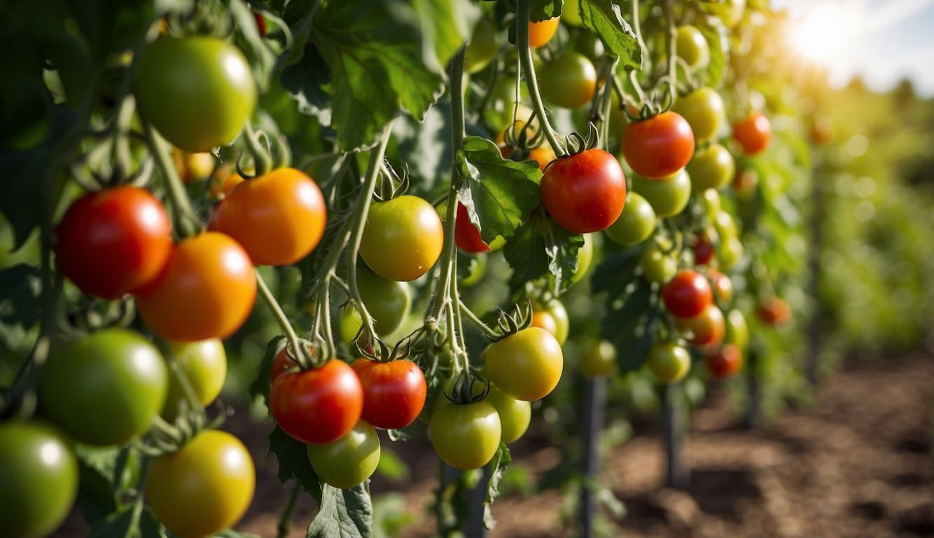 Lush green garden with rows of various tomato plants under the warm Hawaiian sun. Bright red, yellow, and green tomatoes hang from the vines, ready for picking