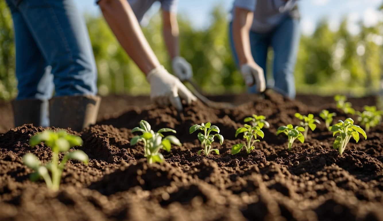 Rich soil being tilled and fertilized in a sunny garden. Tomato seedlings being carefully planted in rows. Bright blue skies and lush green foliage in the background