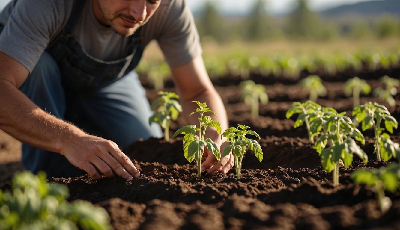 The sun shines brightly over a garden plot, as a pair of hands carefully plant tomato seedlings in the rich, dark soil of Idaho