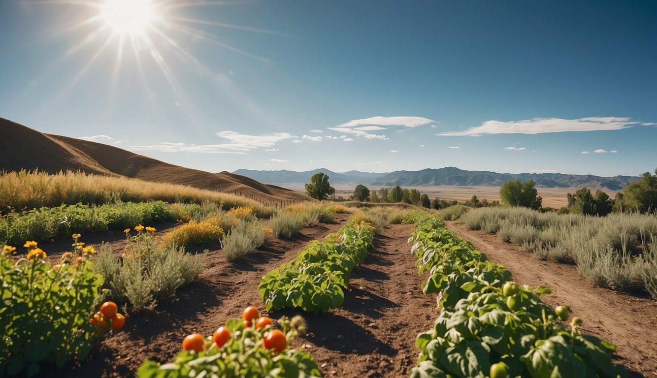 Sunny Idaho landscape with a clear blue sky, green rolling hills, and a small garden plot with tomato plants in full bloom