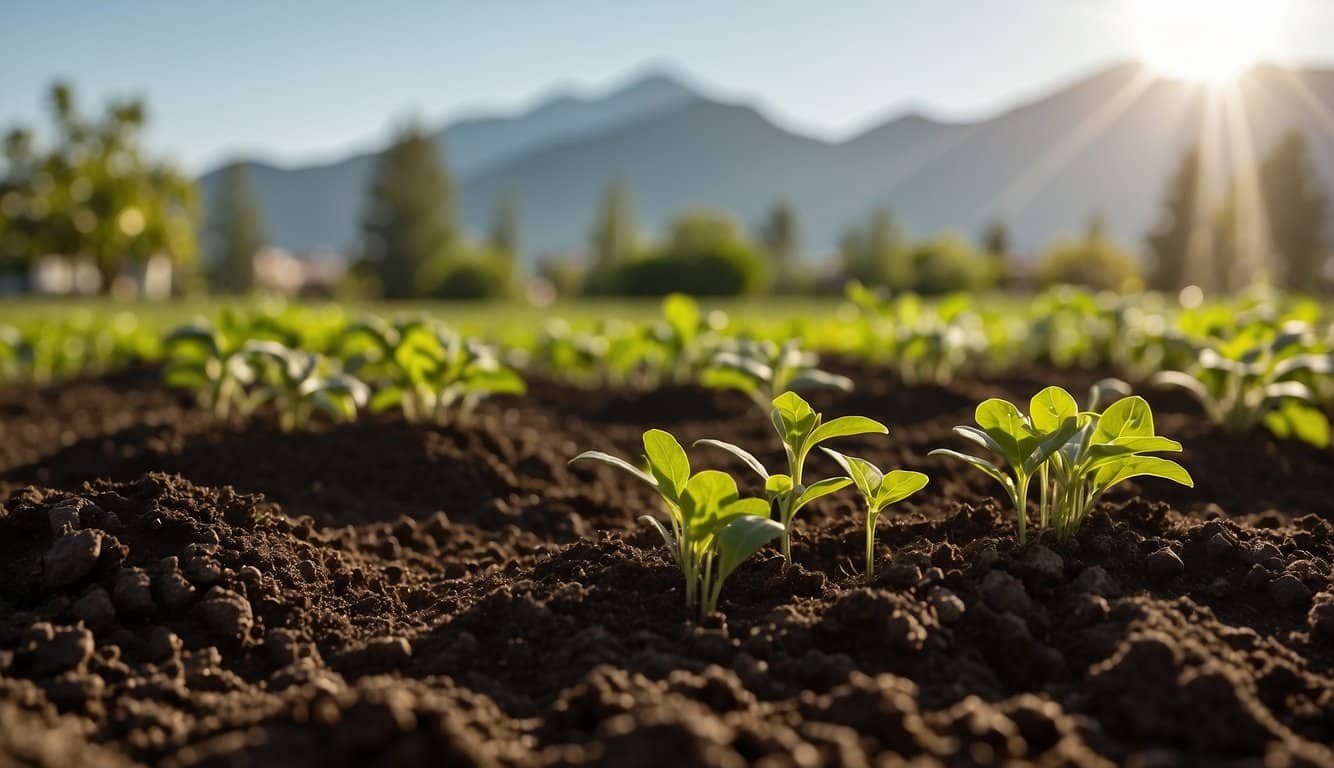 Rich, dark soil being tilled and fertilized in a garden bed. Bright sunshine and clear skies overhead, with the outline of mountains in the distance