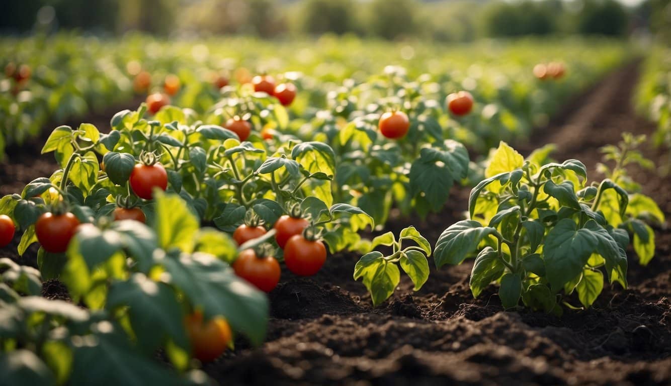 A sunny Illinois garden with rows of various tomato plants in bloom, showcasing different varieties