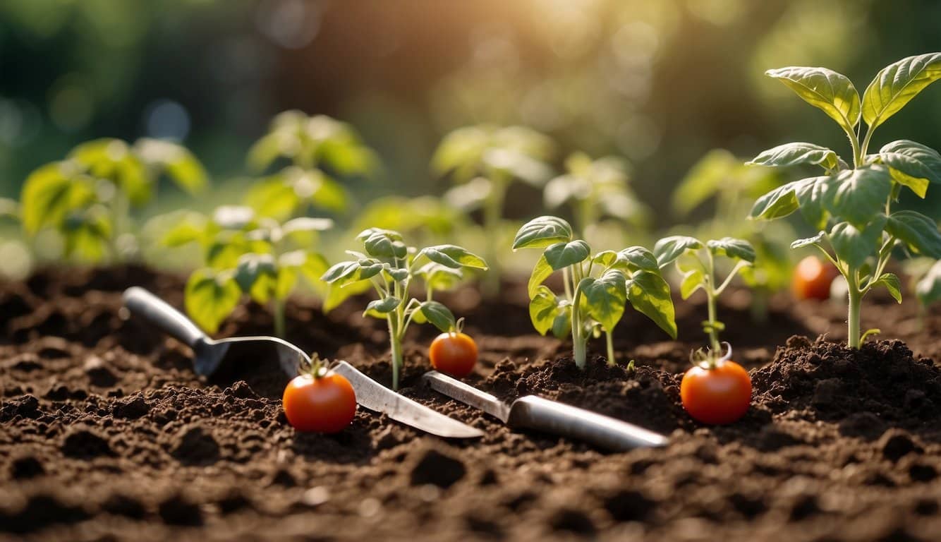 A sunny Illinois garden with rich soil, a gardener's tools, and young tomato plants ready for planting