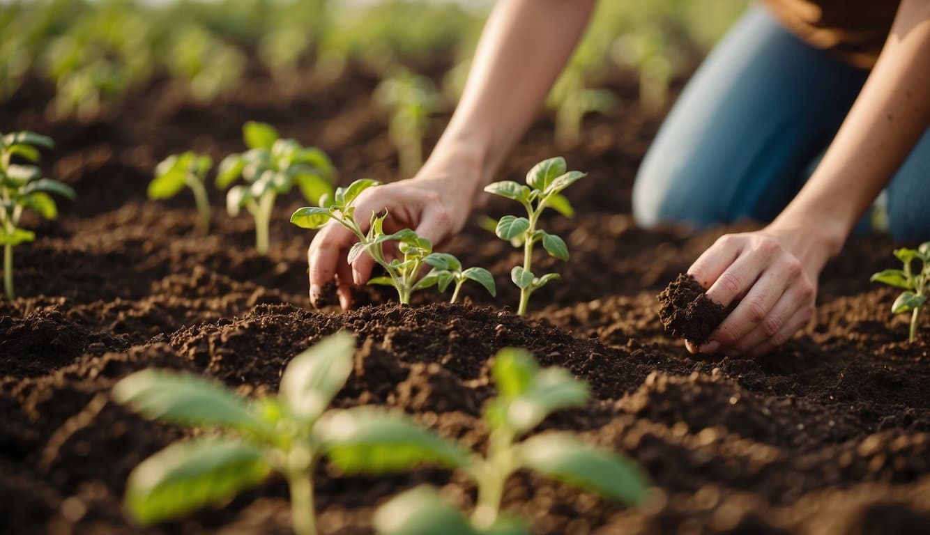 Rich soil, warm sun, and gentle breeze. Tomato plants being carefully placed in the ground. Springtime in Illinois, perfect for planting