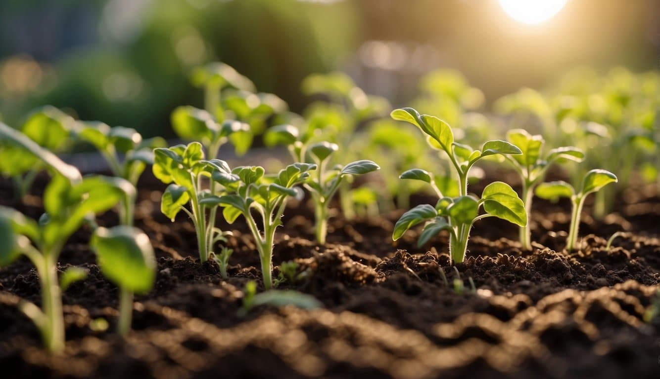 Bright sun shines on a garden with rich soil and tomato plants. A gentle breeze blows through the air as someone carefully plants young tomato seedlings in rows