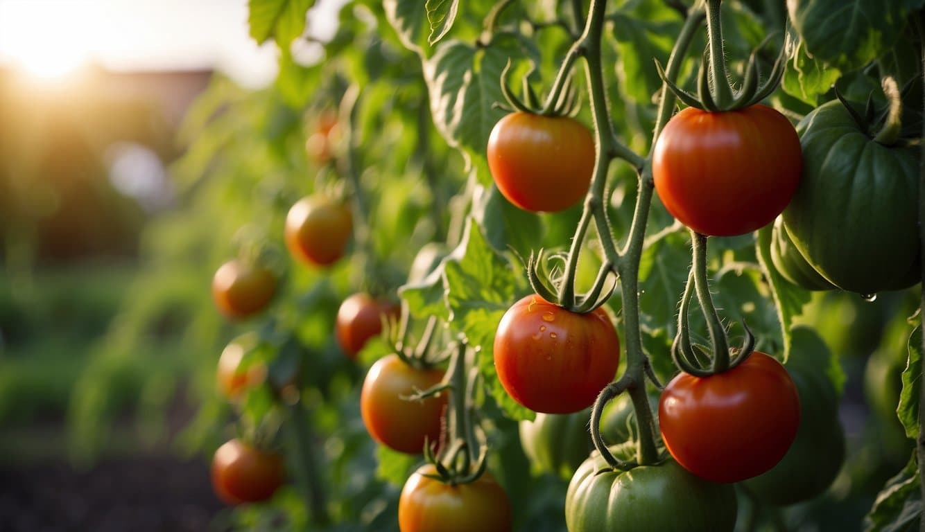 Lush green tomato plants growing in a garden, with ripe red tomatoes hanging from the vines. The sun is shining, and there are small droplets of water on the leaves