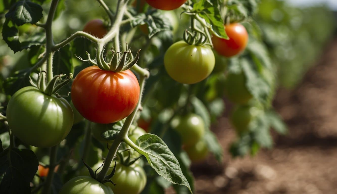Lush green tomato plants thrive in the rich Iowa soil under the warm summer sun, with bright red tomatoes ripening on the vine