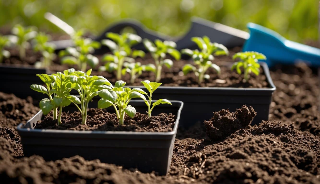 Garden tools laid out on a sunny, spring day in Iowa. Tomato seedlings ready to be planted in rich, dark soil