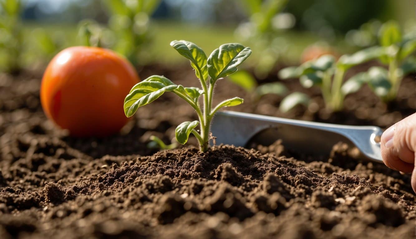 Bright sunny day, rich soil, tomato seedling being gently placed into the ground, surrounded by gardening tools and a calendar showing the best time of year to plant in Iowa