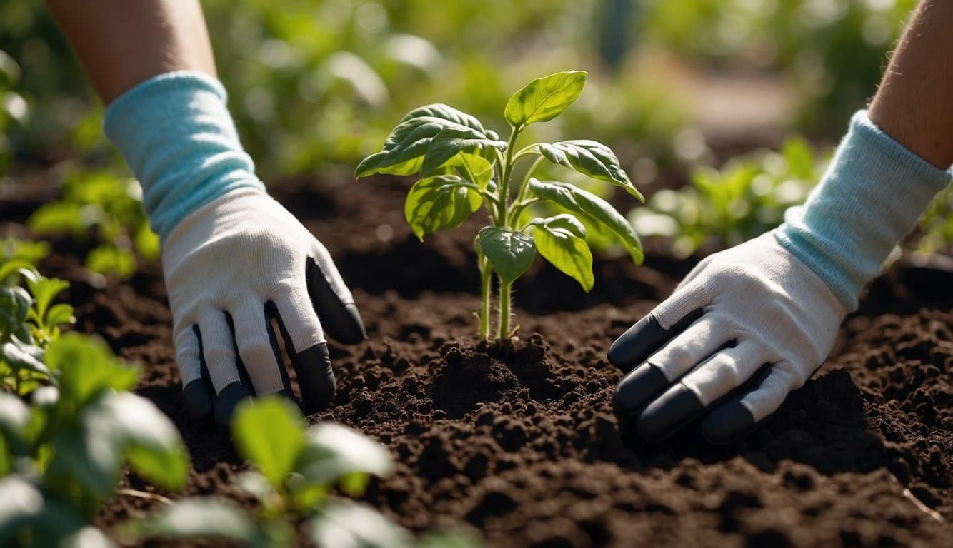 Bright sun shines on a garden with rich, dark soil. A pair of tomato plants are being carefully placed into the ground by a pair of gardening gloves