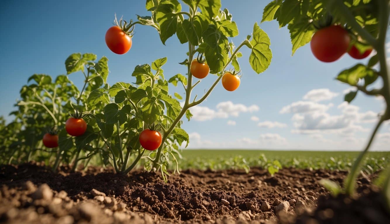 Kansas landscape with a sunny sky, fertile soil, and tomato plants in various stages of growth. Temperature is warm and consistent, with occasional gentle breezes
