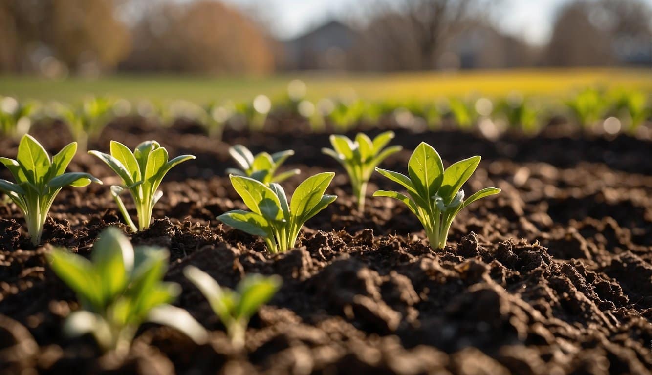 A sunny Kansas garden with tilled soil, compost, and mulch. It is spring, with warm temperatures and minimal frost risk