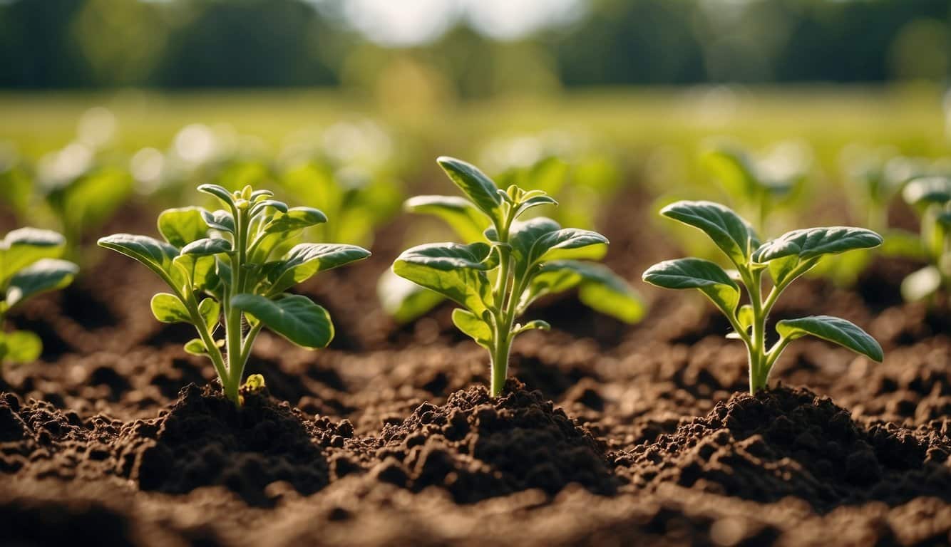 Lush green Kentucky landscape with warm sunshine, fertile soil, and tomato seedlings being gently planted in rows