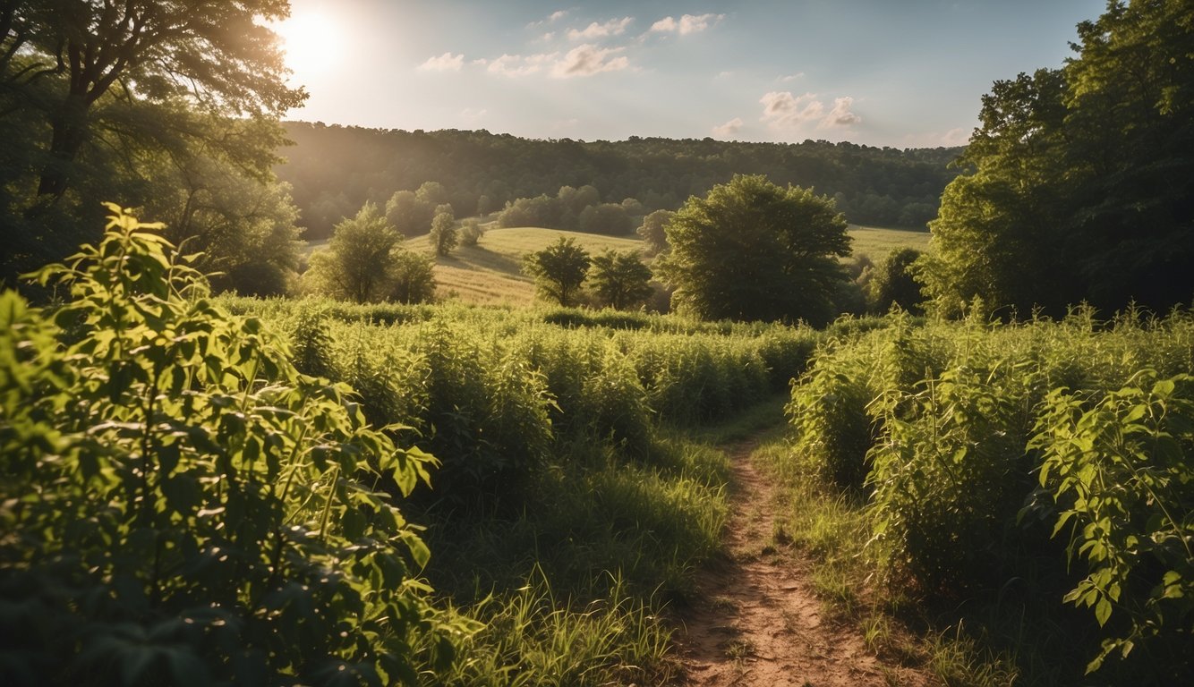 A sunny Kentucky landscape with varying vegetation, from lush greenery to dry patches, showcasing the different climate zones. Tomatoes thrive in the warm, humid environment, making late spring the ideal time for planting