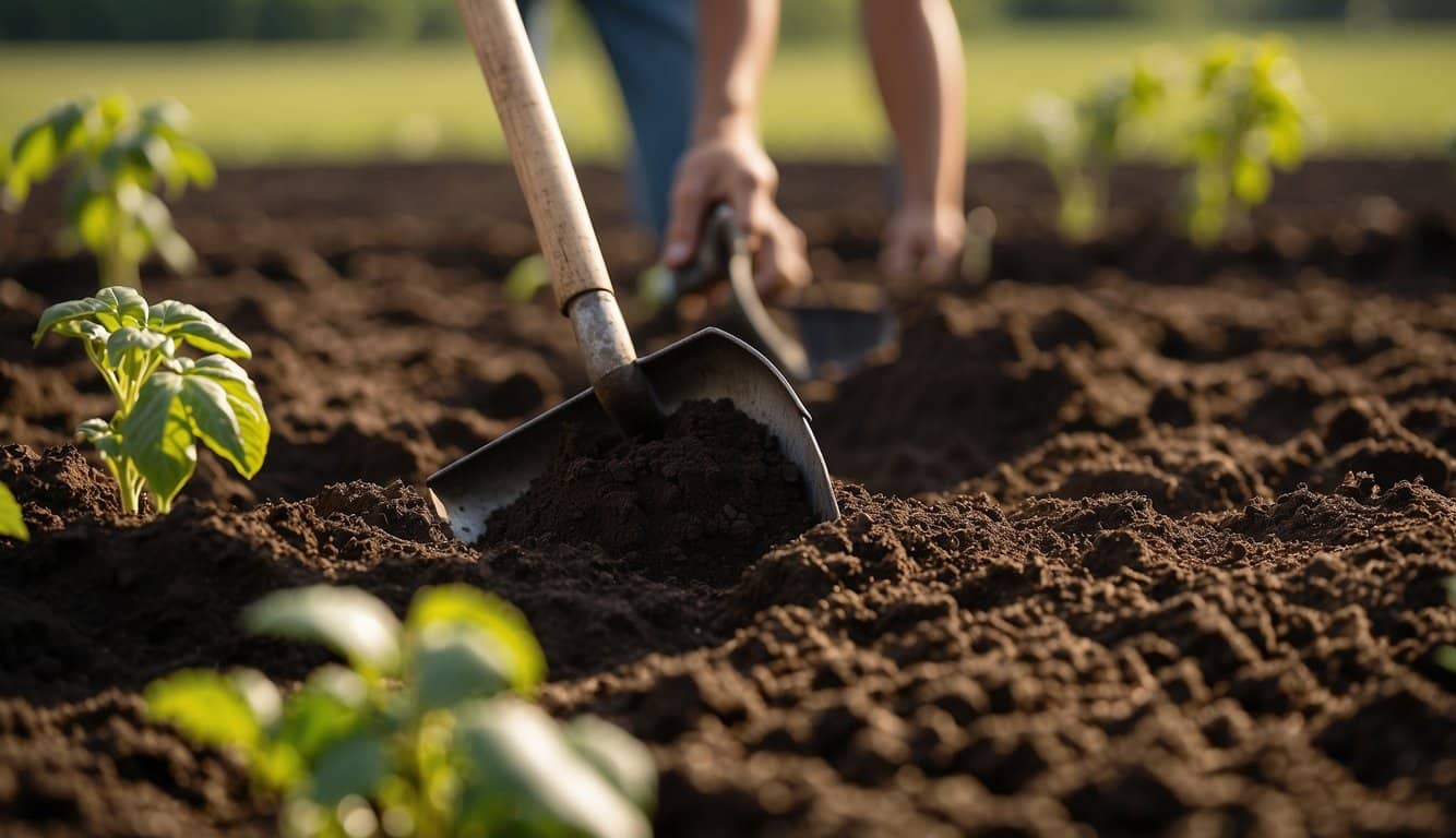 Rich, dark soil being turned over with a shovel, ready for tomato planting in Kentucky. The sun is shining, indicating the best time of year for planting