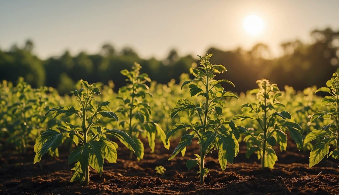 Sunny Louisiana landscape with blooming tomato plants, warm temperatures, and clear skies