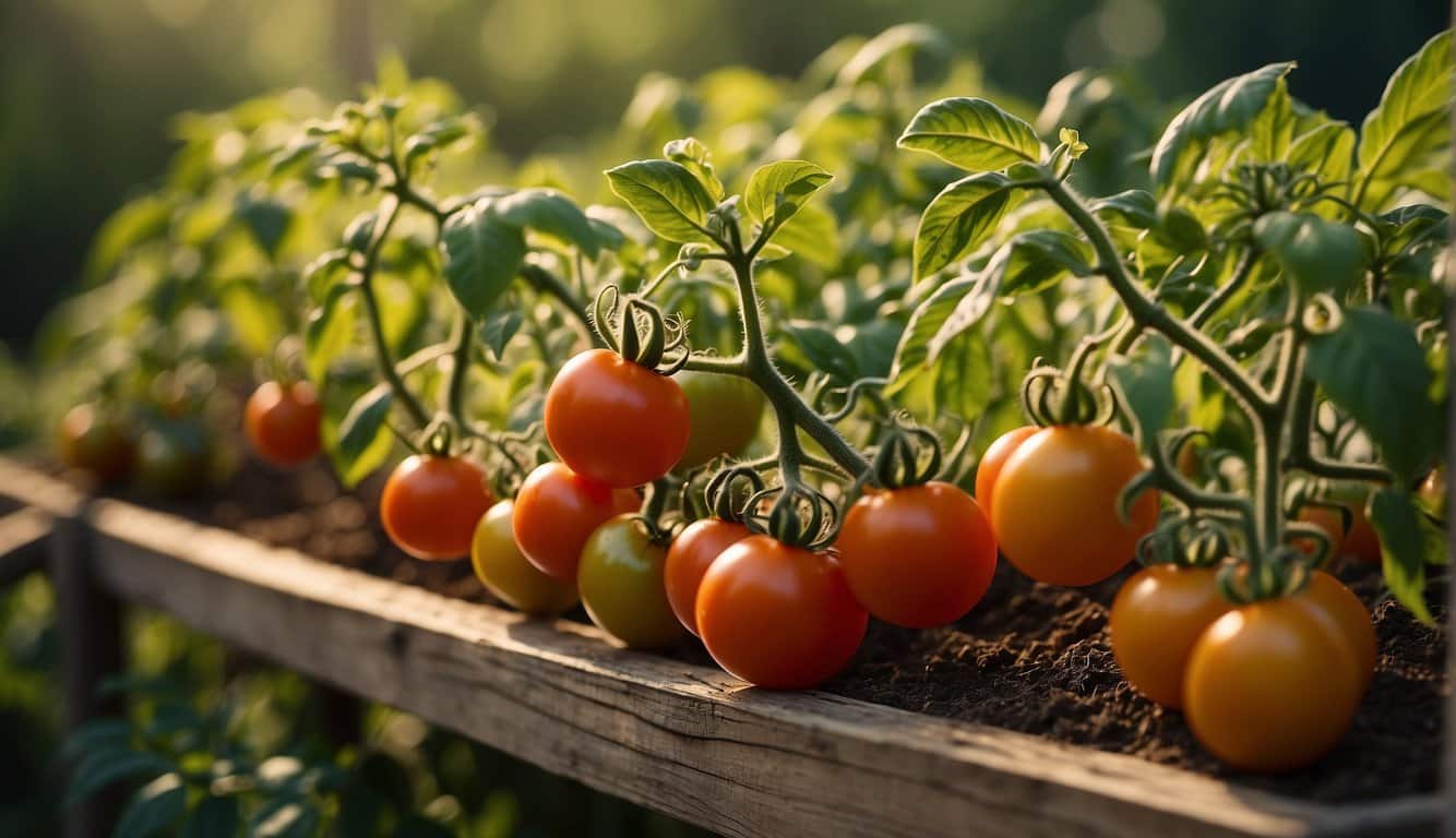 Tomato plants in full bloom, set against a backdrop of Louisiana's lush greenery under the warm sun, with a calendar showcasing the best planting times