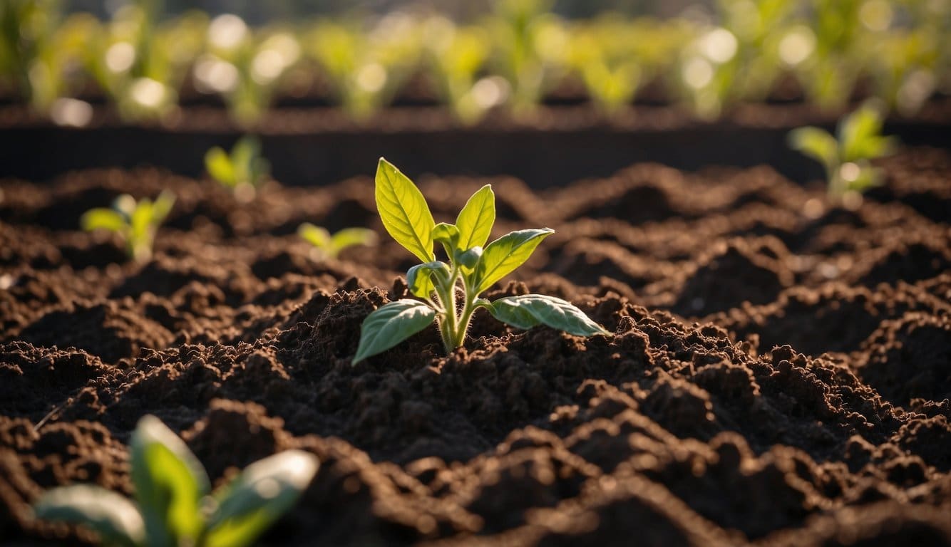 Rich, dark soil is being turned and mixed with compost, creating a fertile bed for tomato plants. The sun shines brightly overhead, signaling the best time of year for planting in Louisiana