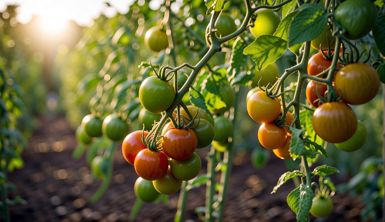 Tomato plants grow tall in a Louisiana garden, surrounded by rich soil and warm sunlight. Green tomatoes hang from the vines, promising a bountiful harvest