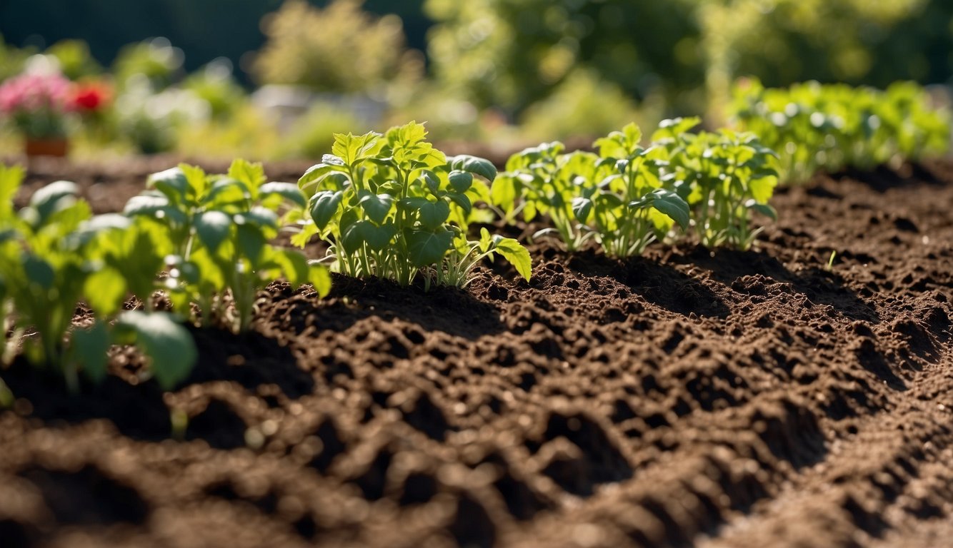 A sunny Maine garden with rich, dark soil, a row of tomato plants being carefully planted, and a gentle breeze blowing through the air