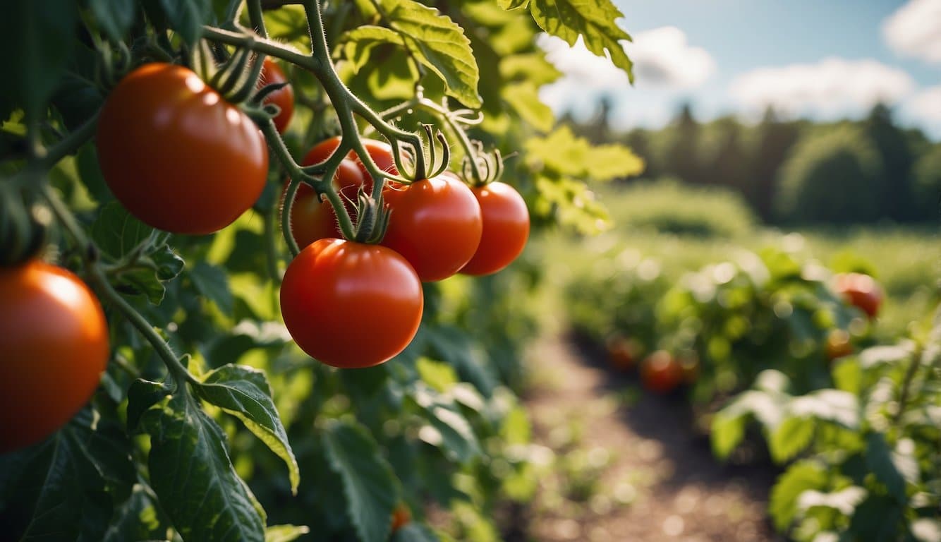 Sunny skies over a lush garden with ripe tomatoes, surrounded by vibrant green foliage, in the peak of summer in Maine