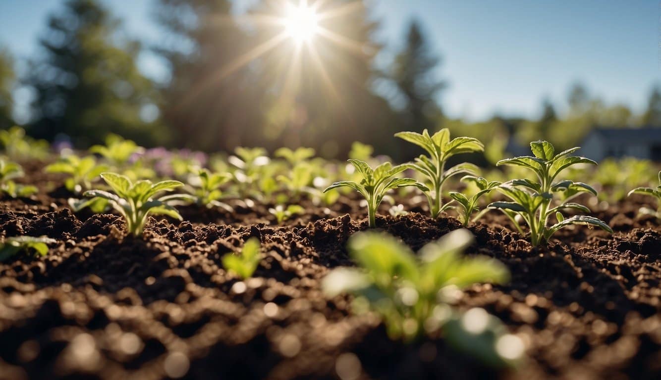 A sunny spring day in Maine, with a clear blue sky and gentle breeze. The soil is rich and moist, ready for tomato plants to be carefully placed in the ground