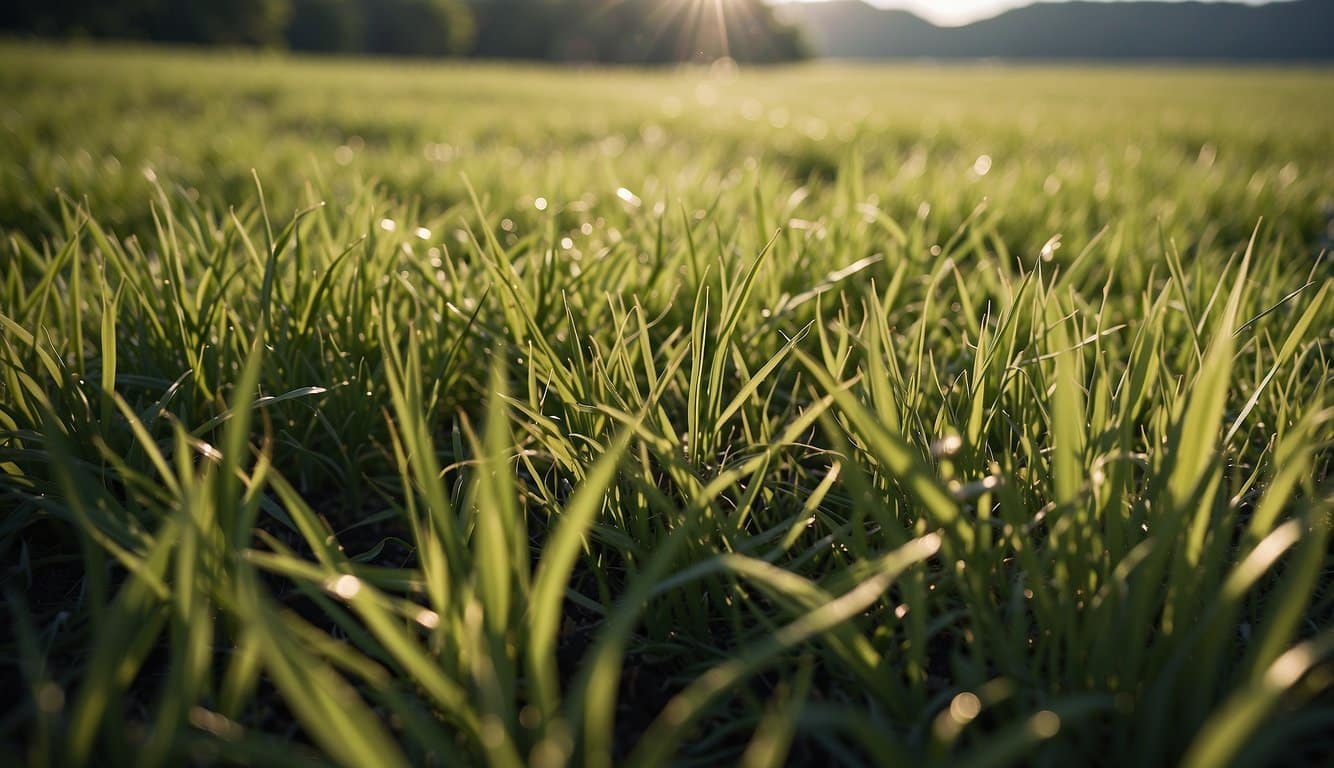 Lush green grass thrives in Missouri's temperate climate and fertile soil, with rolling hills and clear blue skies in the background