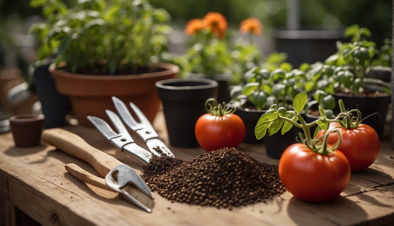 Gardening tools laid out on a table, with tomato seed packets and soil ready for planting in a Massachusetts backyard