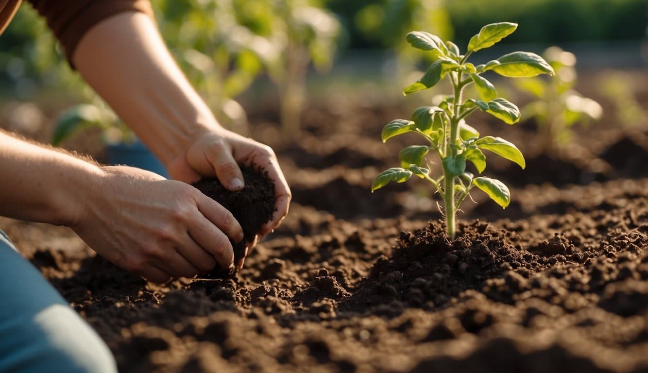 A gardener digs a hole, places a tomato seedling, and gently packs soil around it. The sun is shining, and the soil is warm