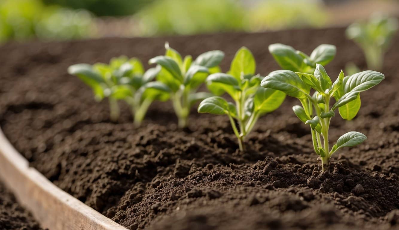 Soil being tilled and turned over in a garden bed, with tomato seedlings nearby and a calendar showing the ideal planting time for Michigan