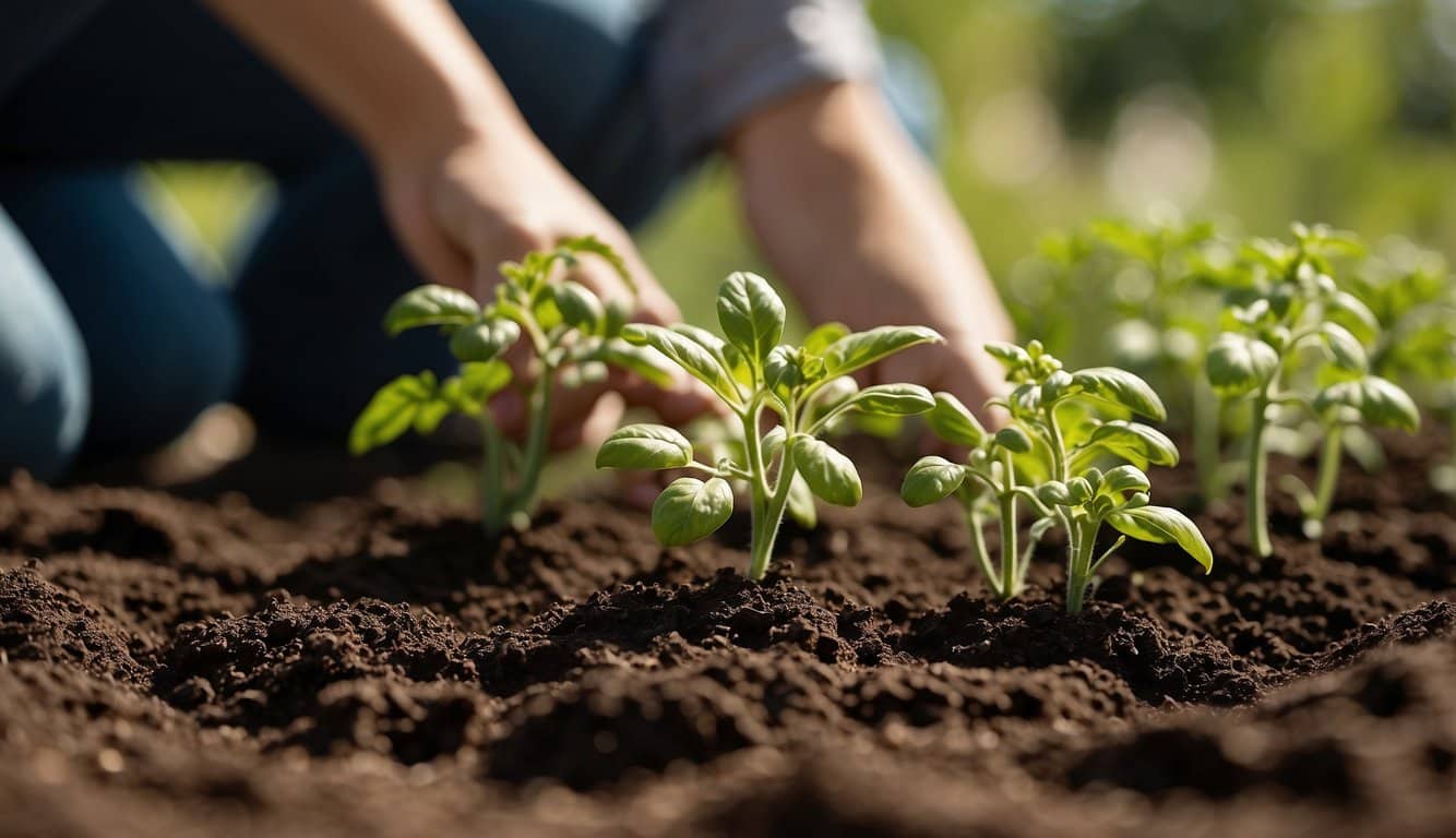 Tomato seedlings being gently placed into rich, dark soil in a Minnesota garden under the warm spring sun