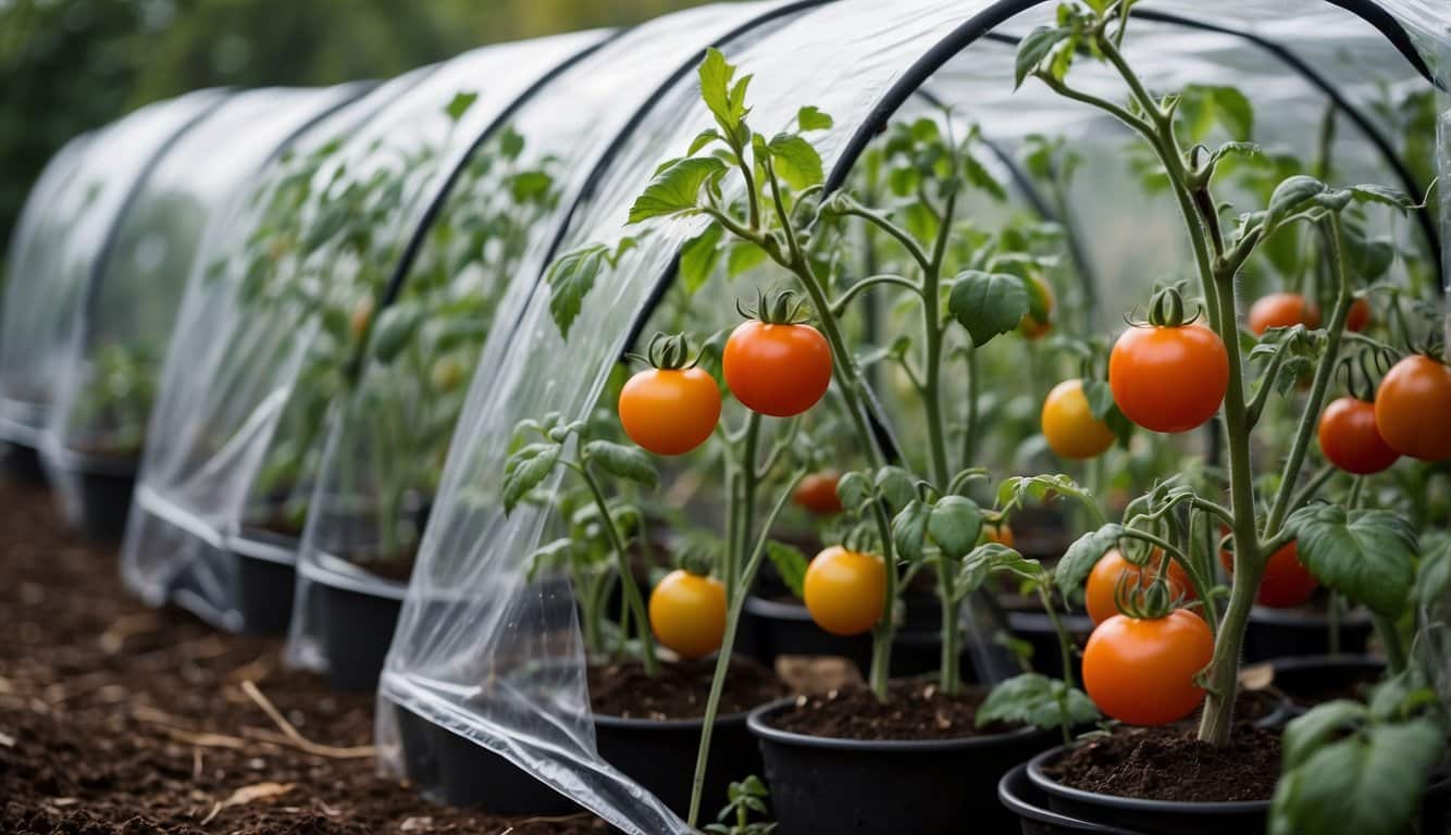 Tomato plants covered with clear plastic sheets to shield from cold weather in a Minnesota garden