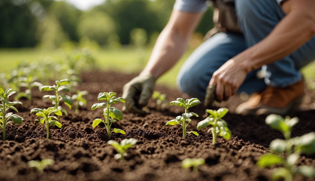 A bright, sunny day in a Mississippi garden, with rich soil and a gardener planting tomato seedlings in neat rows