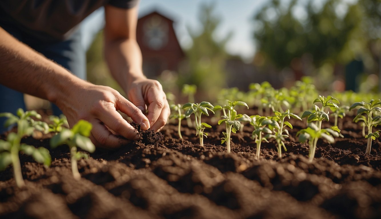 A person tilling the soil in a garden bed, with tomato seedlings nearby and a calendar showing the ideal planting time for Mississippi