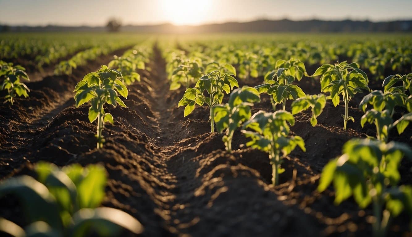 A sunny Nebraska field with rows of tomato plants, ready for planting in the early spring. The soil is rich and dark, and the sky is clear