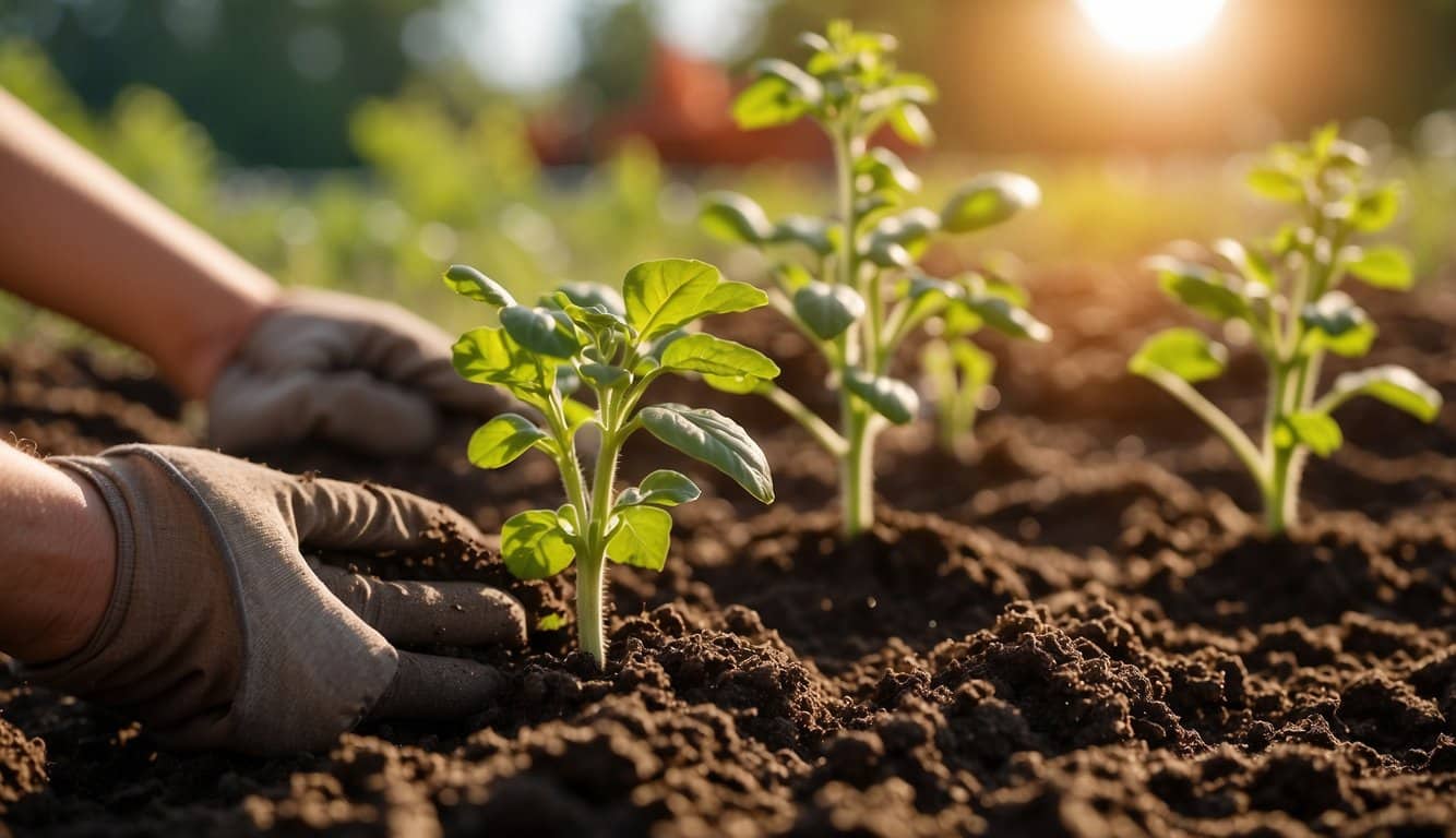 Garden soil being tilled, tomato seedlings ready for planting, sun shining in Nebraska