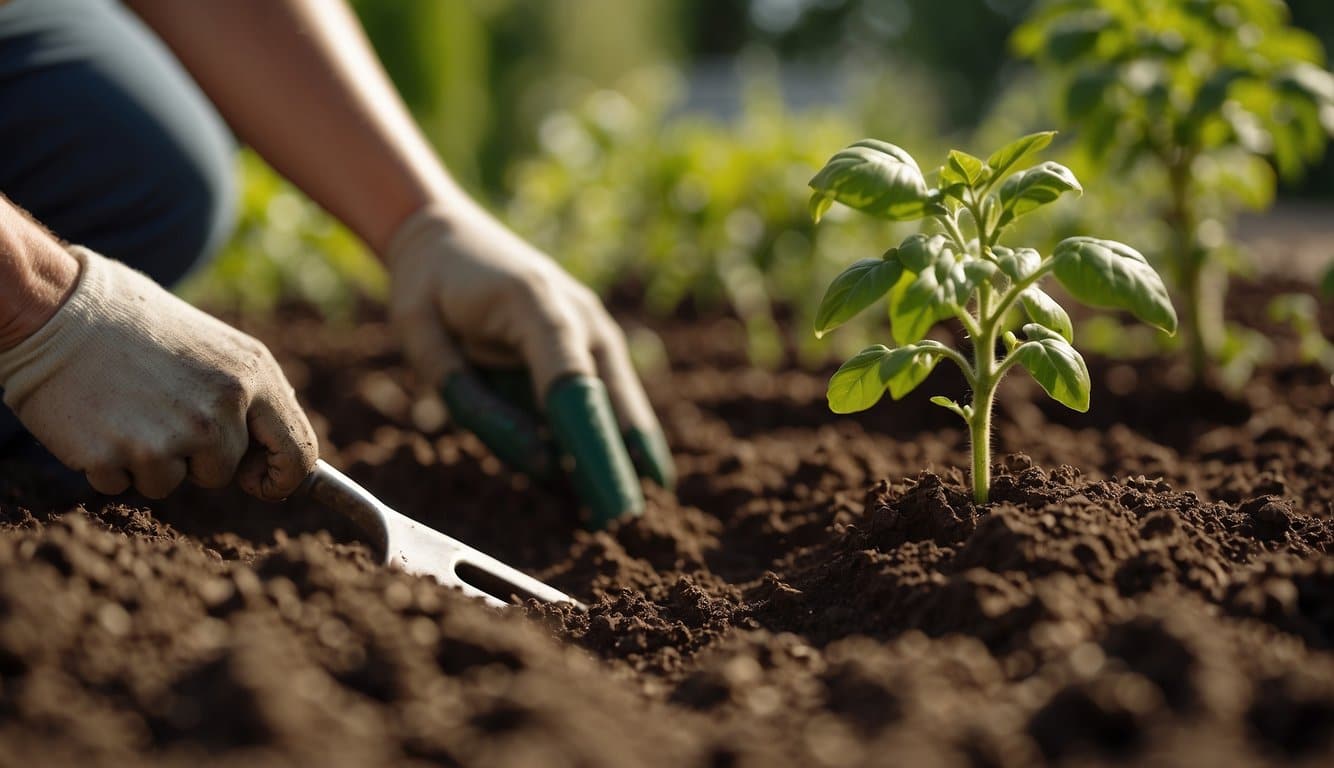 A gardener digs a hole, places a tomato plant in the soil, and gently covers the roots. The sun shines on the garden as the plants are watered