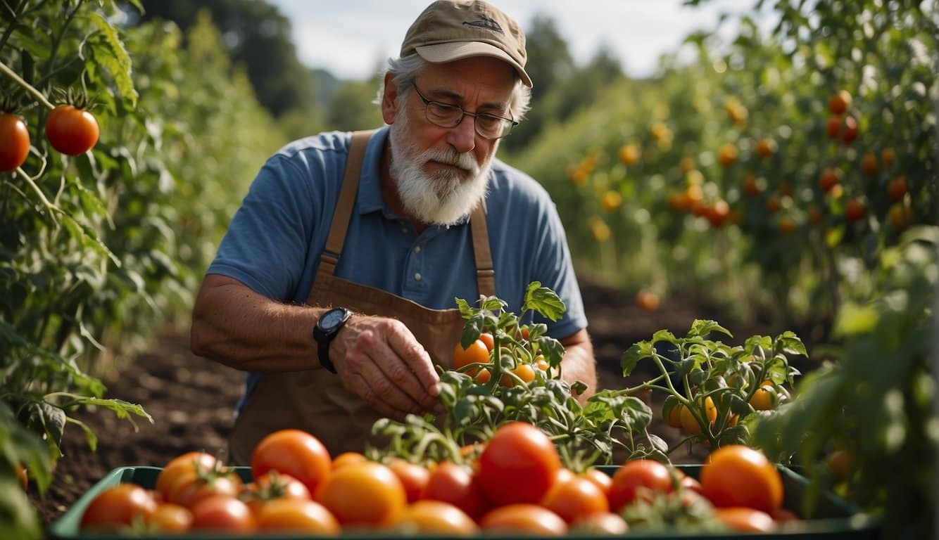 A gardener carefully examines different tomato varieties in a New Hampshire garden, considering the optimal time to plant them