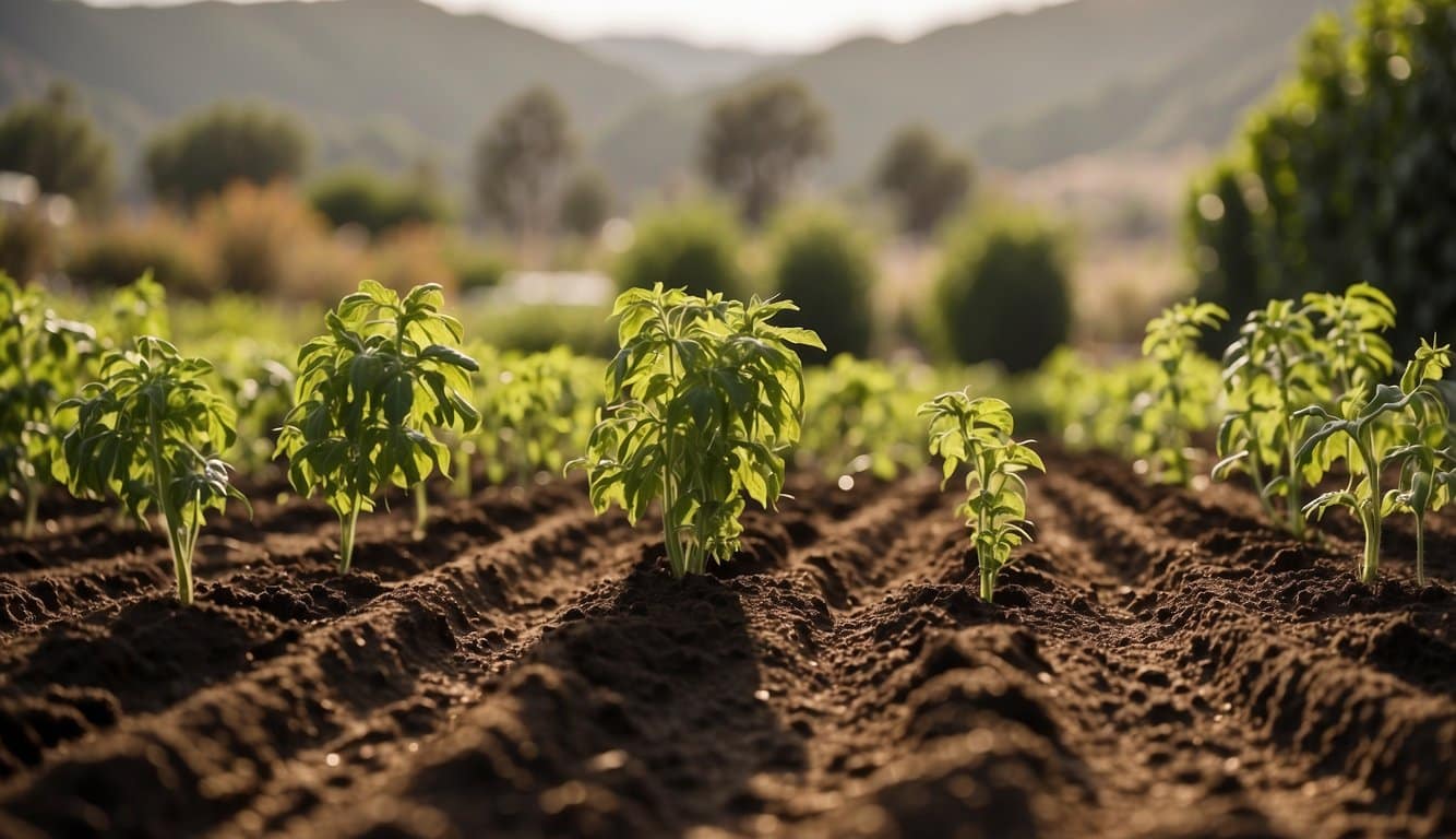 A sunny garden with rows of tomato plants being planted in rich soil, surrounded by the sprawling landscape of LA County