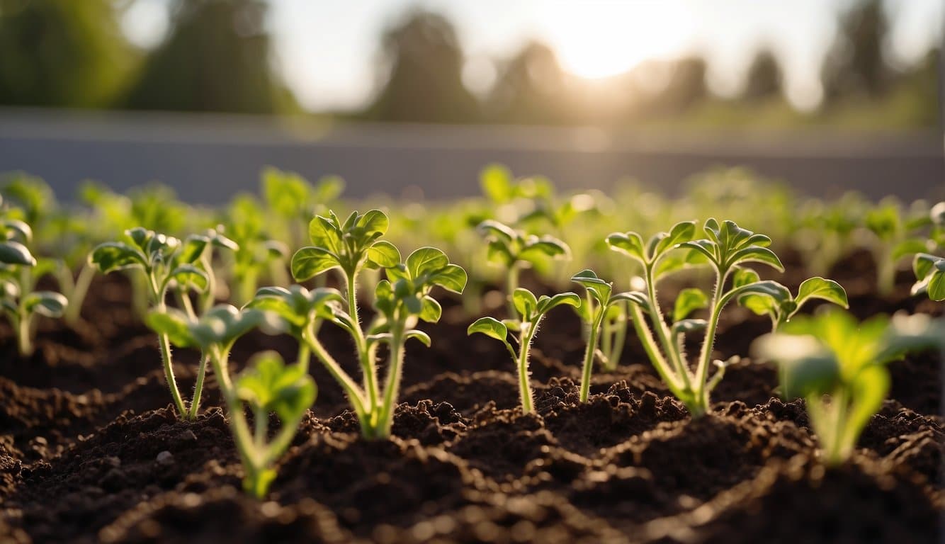 Tomato seedlings being planted in rich soil under the warm LA County sun