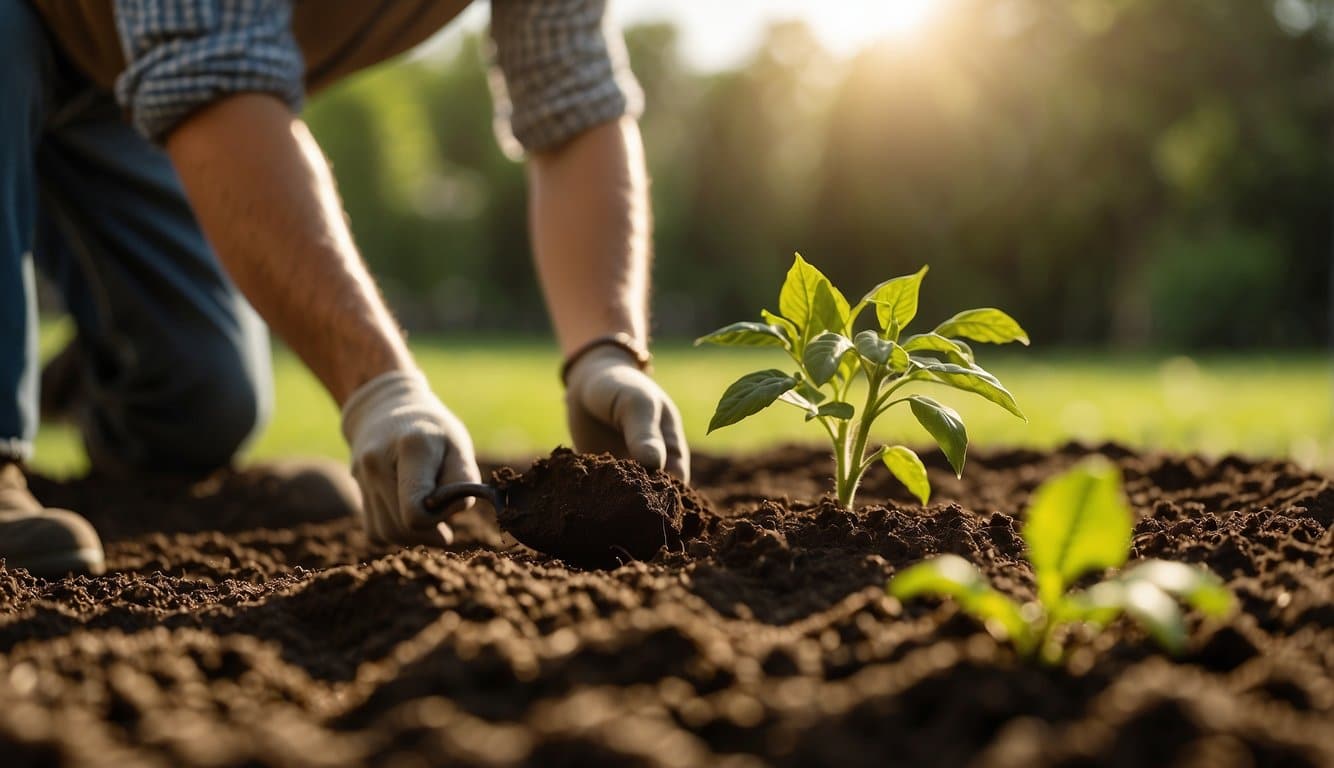 A gardener digs a hole in rich soil, carefully placing a tomato seedling inside. The warm LA sun beats down as the gardener waters the plant, ensuring it has a strong start