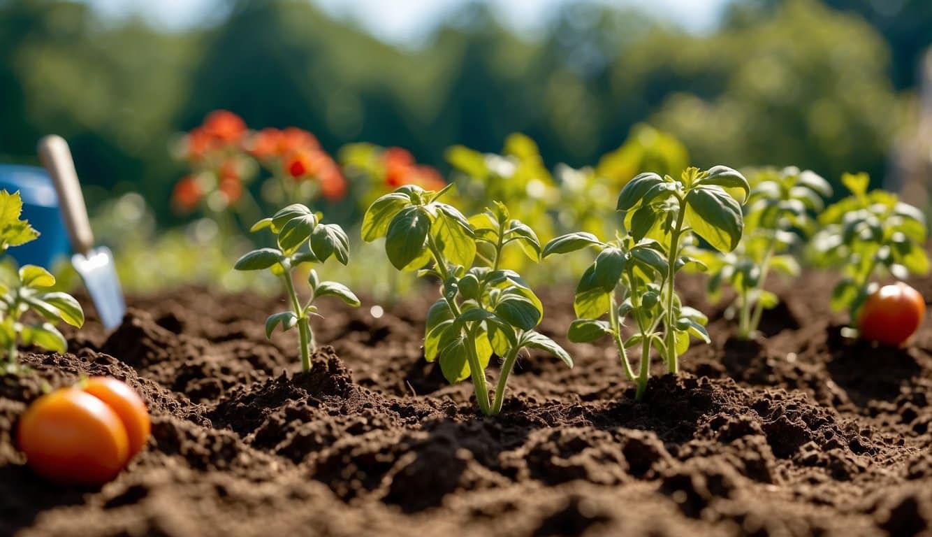 Sunny New Jersey garden with rich soil, a row of tomato plants being carefully planted, surrounded by gardening tools and a clear blue sky