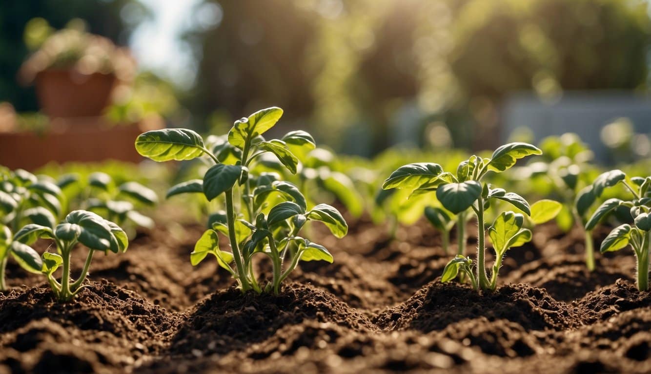 A sunny New Jersey garden, with rows of tomato plants in various stages of growth, surrounded by well-tended soil and mulch