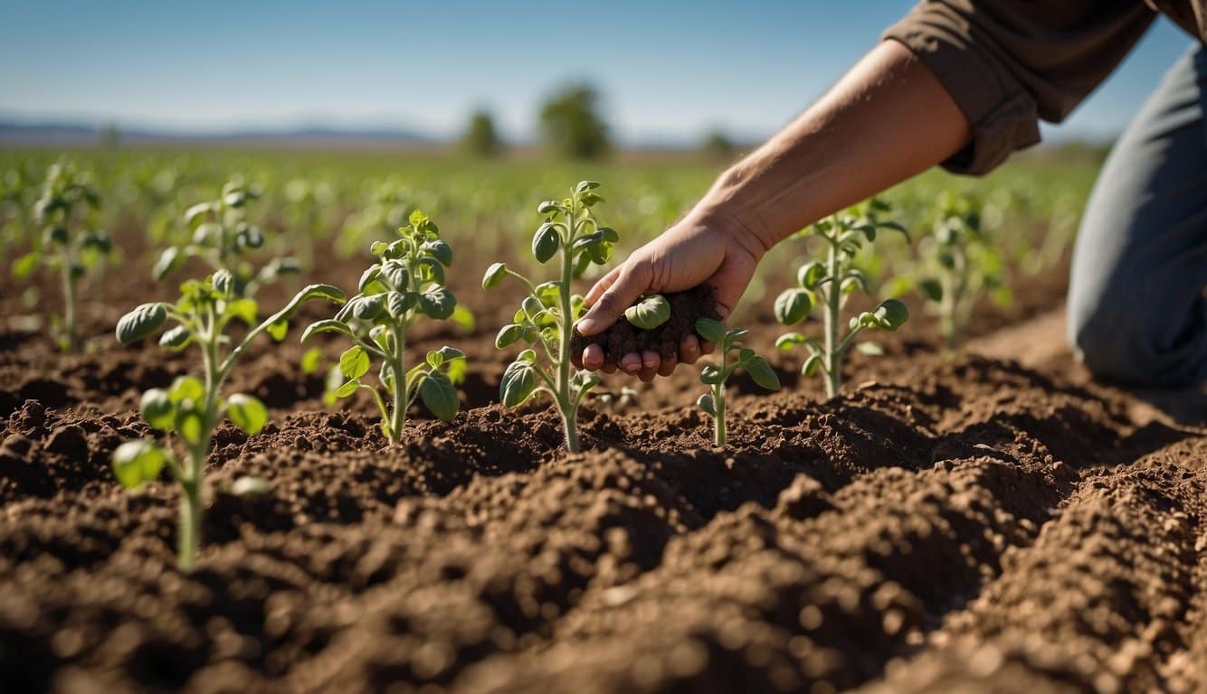 A sunny New Mexico landscape with a clear blue sky, fertile soil, and rows of tomato plants being carefully planted by a gardener