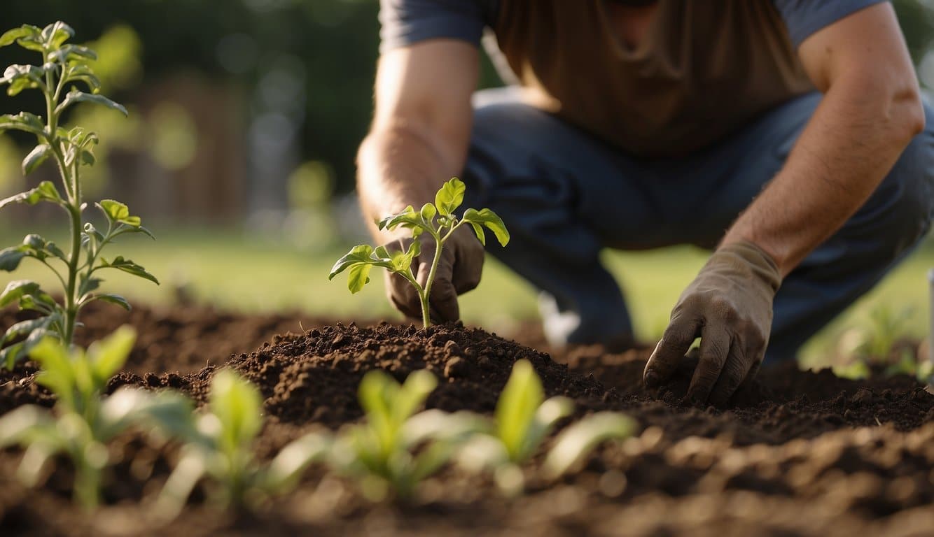 A gardener digs a hole, places a tomato seedling, and gently covers it with soil. The sun shines as the gardener waters the plant