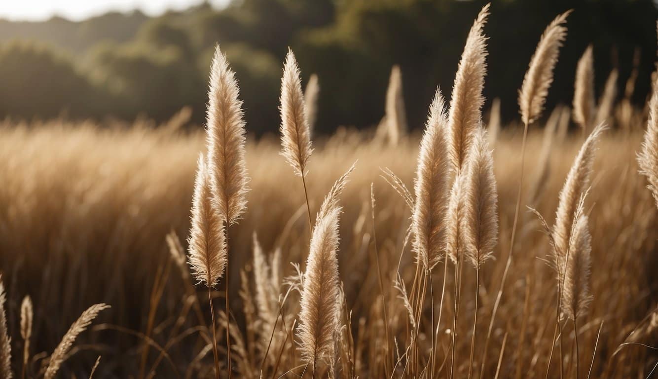 Dried pampas grass stands tall in a field, swaying gently in the breeze, with its feathery plumes catching the sunlight