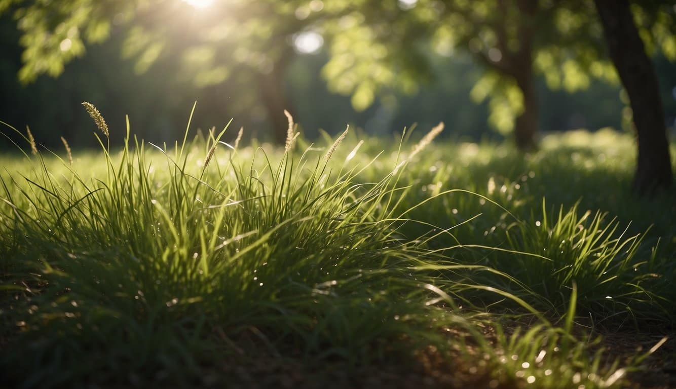 Lush green grasses thrive in the shade, with tall blades swaying gently in the breeze. The dappled sunlight filters through the canopy, creating a tranquil and inviting scene