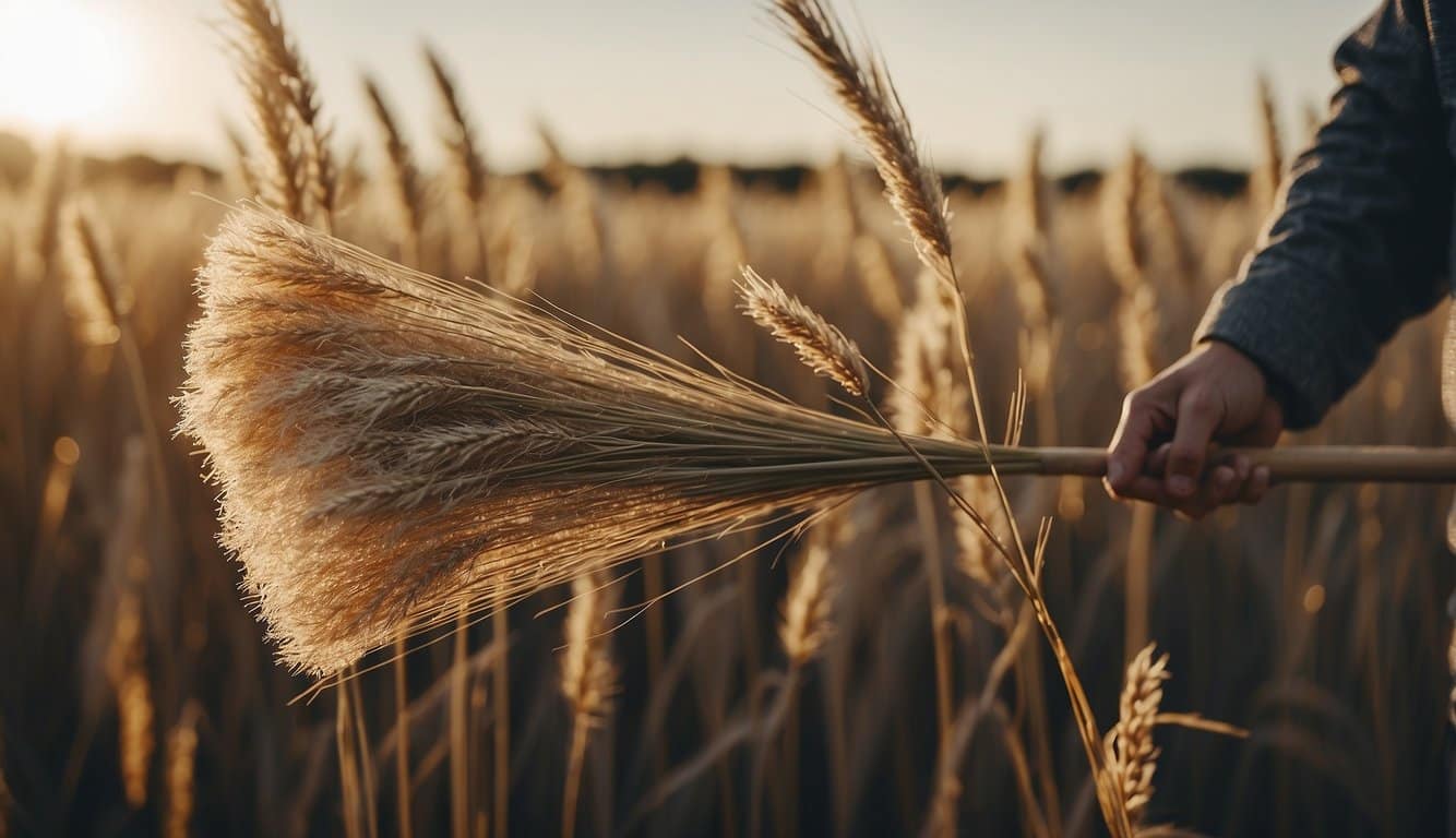 Dried pampas grass being cut and bundled in a field